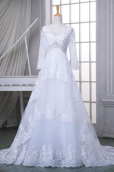 Custom Long Sleeve Lace Wedding Dress, White Wedding Dresses, Vintage Wedding Dress, V Neck Wedding Dress, Wedding Gowns, A Line Bridal Dresses,