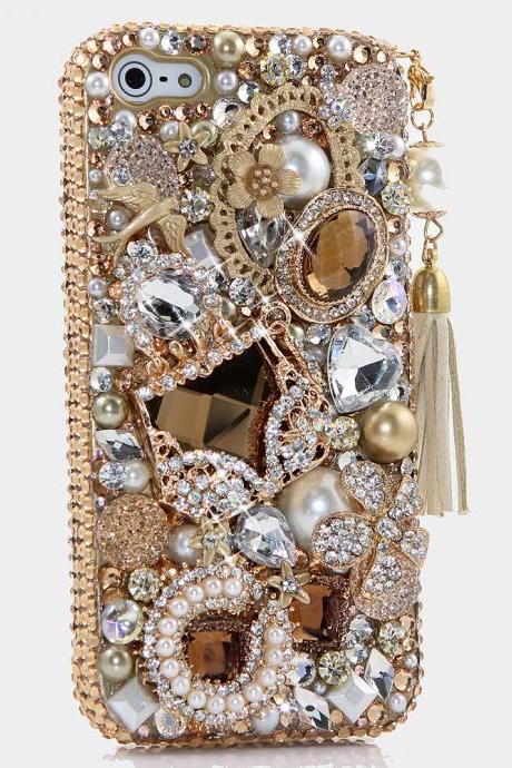 Bling Crystals Phone Case for iPhone 6 / 6s, iPhone 6 / 6s PLUS, iPhone 4, 5, 5S, 5C, Samsung Note 2, Note 3, Note 4, Galaxy S3, S4, S5, S6, S6 Edge, HTC ONE M9 (GOLDEN GLORY DESIGN WITH TASSEL PHONE CHARM) By LuxAddiction