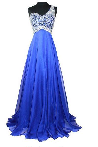 The Royal Blue Backless One Shoulder Beading Prom Dresses,a-line Floor-length Evening Dresses, Prom Dresses, Real Made Prom Dresses ,
