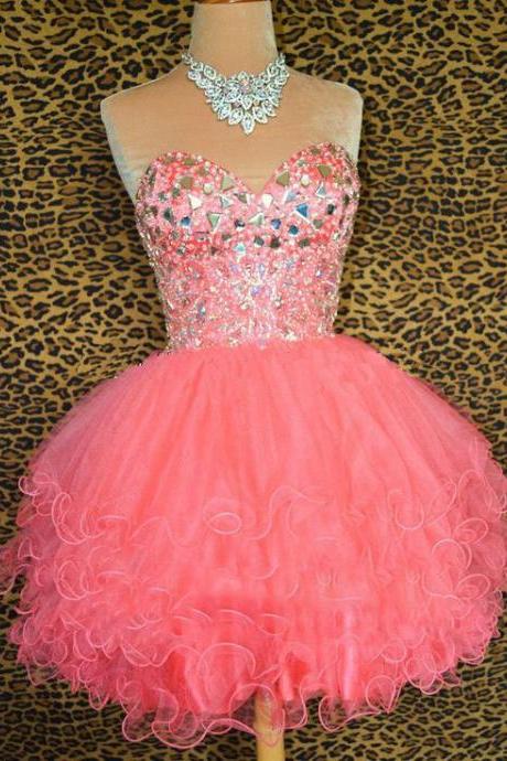 Pink Cocktail Dresses, Crystal Homecoming Dresses, Shinning Sparking Graduation Dresses, Ruffle Tulle Short Prom Dress, Rhinestone Ball Gown