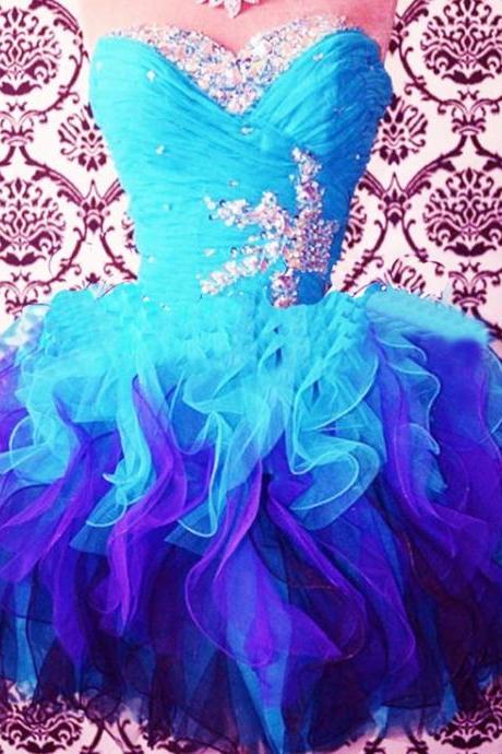 Blue Cocktail Dresses, Short Tulle Prom Dresses, Crystal Graduation Gowns, Pleats Homecoming Dresses, Ruffle Party Dresses