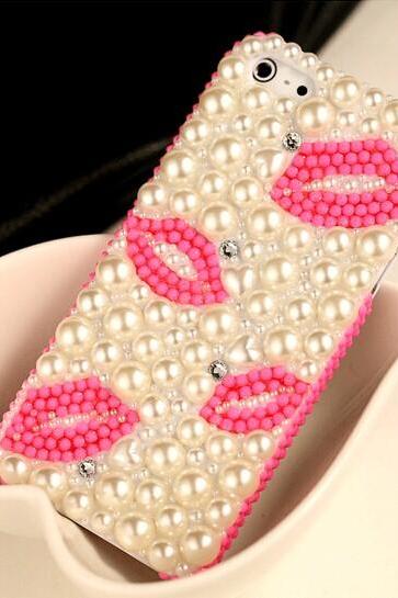 6c 6s plus Red lips Pearl diamond Hard Back Mobile phone Case Cover bling girly Rhinestone Case Cover for iPhone 4 4s 5 7plus 5s 6 6 plus Samsung galaxy s7 s4 s5 s6 note10 4