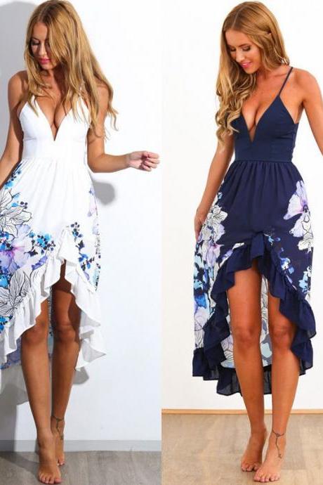 Spaghetti Strap High-low Summer Dress with Plunging Neckline and Floral Prints