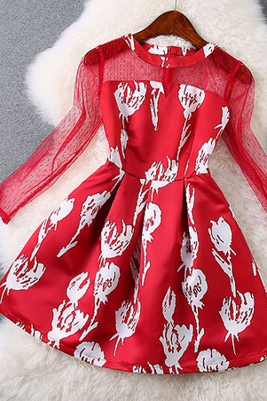 Slim Printing Network Yarn Stitching Princess Dress We7505po