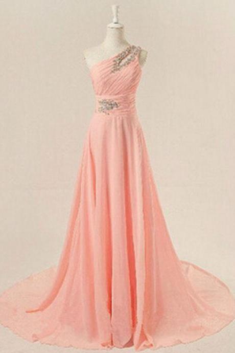 One Shoulder Pale Pink Prom Dresses, Prom Dresses 2015, Cheap Prom Dresses, Chiffon Evening Dress, Formal Party Dresses
