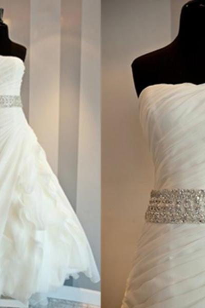 Super Attractive Beaded Sash Ruffle Ball Gown Strapless Sweep Train Organza Wedding Dress Bridal Dress