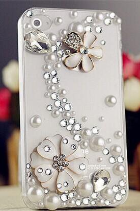 6c 6s plus White floral pearl rhinestone Hard Back Mobile phone Case Cover sparkly handmade Case Cover for iPhone 4 4s 5 7plus 5s 6 6 plus Samsung galaxy s7 s4 s5 s6 note5 4