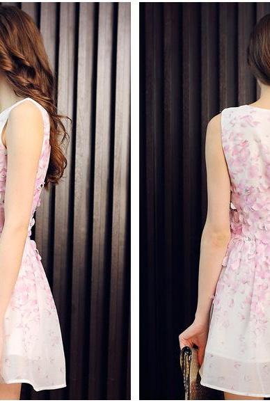 High Quality Three Dimensional Petals Dress Print Chiffon Sleeveless Vest Beading Dresses