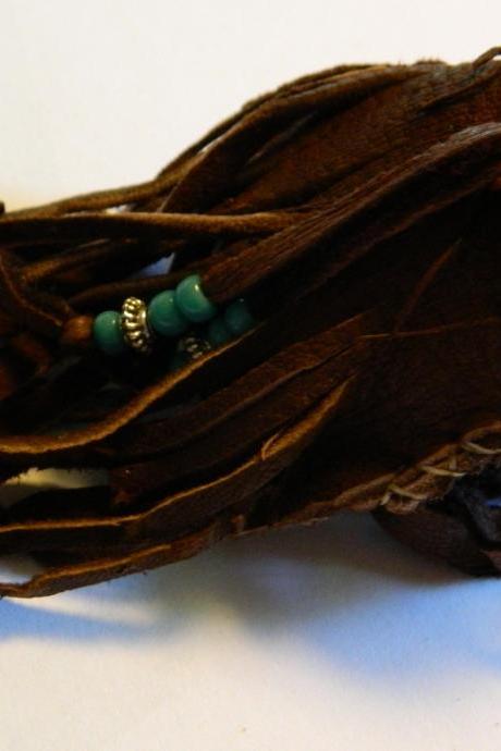 Handmade Small Chocolate Brown Leather Pouch with Turquoise and Silver