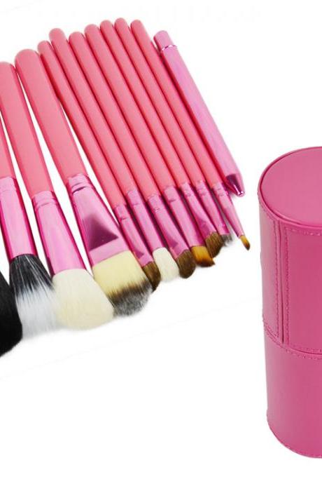Professional 12Pcs Cosmetic Makeup Brush Set Make-Up Tool With Leather Cup Holder 4Colors for 2015 summer