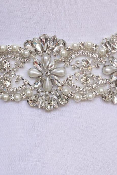 Bling Floral Bridal Sash Pearl And Rhinestone Bridal Waist Belt Beaded Wedding Accessories