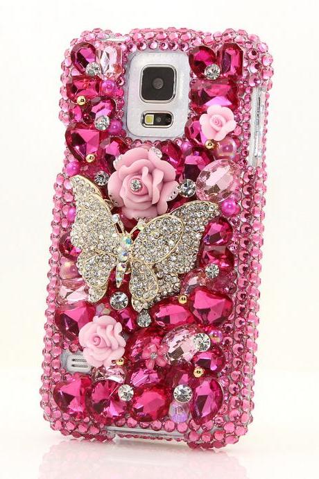 Bling Crystals Phone Case for iPhone 6 / 6s, iPhone 6 / 6s PLUS, iPhone 4, 5, 5S, 5C, Samsung Note 2, Note 3, Note 4, Galaxy S3, S4, S5, S6, S6 Edge, HTC ONE M9 (FUCHSIA BUTTERFLY DESIGN) By LuxAddiction