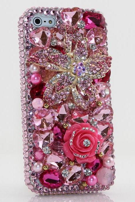 Bling Crystals Phone Case for iPhone 6 / 6s, iPhone 6 / 6s PLUS, iPhone 4, 5, 5S, 5C, Samsung Note 2, Note 3, Note 4, Galaxy S3, S4, S5, S6, S6 Edge, HTC ONE M9 (PINK POSIES DESIGN) By LuxAddiction