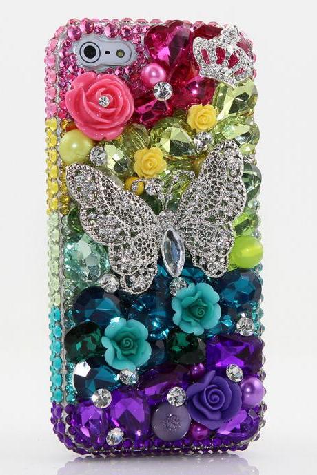 Bling Crystals Phone Case for iPhone 6 / 6s, iPhone 6 / 6s PLUS, iPhone 4, 5, 5S, 5C, Samsung Note 2, Note 3, Note 4, Galaxy S3, S4, S5, S6, S6 Edge, HTC ONE M9 (RAINBOW BUTTERFLY DESIGN) By LuxAddiction