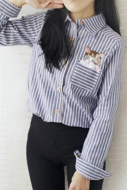 Fashion Stripes Cat Embroidery Blouses Tops