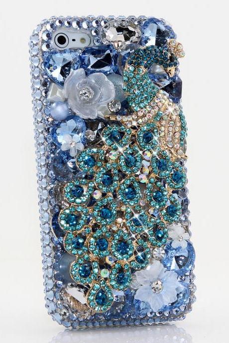 Bling Crystals Phone Case for iPhone 6 / 6s, iPhone 6 / 6s PLUS, iPhone 4, 5, 5S, 5C, Samsung Note 2, Note 3, Note 4, Galaxy S3, S4, S5, S6, S6 Edge, HTC ONE M9 (AQUA PEACOCK DESIGN) By LuxAddiction