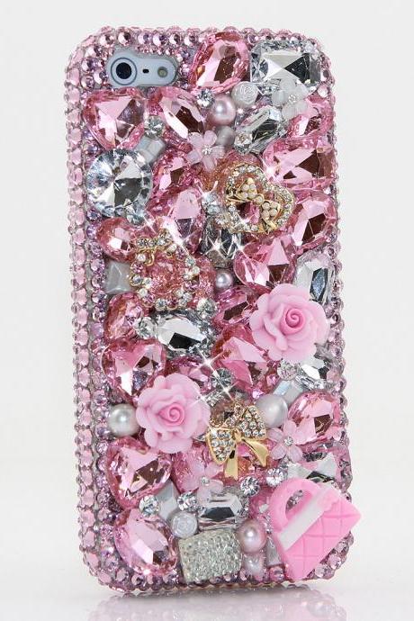 Bling Crystals Phone Case for iPhone 6 / 6s, iPhone 6 / 6s PLUS, iPhone 4, 5, 5S, 5C, Samsung Note 2, Note 3, Note 4, Galaxy S3, S4, S5, S6, S6 Edge, HTC ONE M9 (CRYSTAL HEART WITH LITTLE PINK PURSE DESIGN) By LuxAddiction