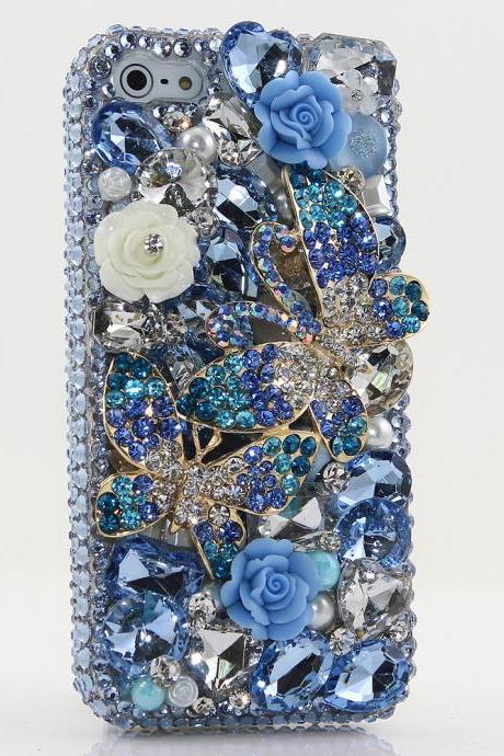 Bling Crystals Phone Case for iPhone 6 / 6s, iPhone 6 / 6s PLUS, iPhone 4, 5, 5S, 5C, Samsung Note 2, Note 3, Note 4, Galaxy S3, S4, S5, S6, S6 Edge, HTC ONE M9 (SPRING BLUE DOUBLE BUTTERFLY DESIGN) By LuxAddiction