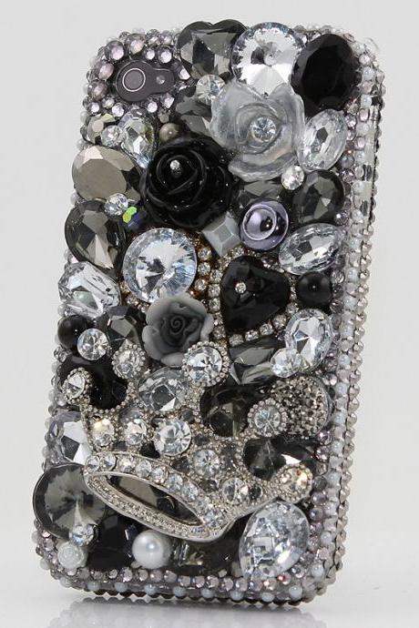 Bling Crystals Phone Case for iPhone 6 / 6s, iPhone 6 / 6s PLUS, iPhone 4, 5, 5S, 5C, Samsung Note 2, Note 3, Note 4, Galaxy S3, S4, S5, S6, S6 Edge, HTC ONE M9 (SILVER DIAMOND CROWN BLACK AND WHITE DESIGN) By LuxAddiction