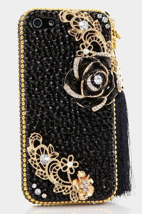Bling Crystals Phone Case for iPhone 6 / 6s, iPhone 6 / 6s PLUS, iPhone 4, 5, 5S, 5C, Samsung Note 2, Note 3, Note 4, Galaxy S3, S4, S5, S6, S6 Edge, HTC ONE M9 (ELEGANT BLACK AND GOLD WITH TASSLE DESIGN) By LuxAddiction