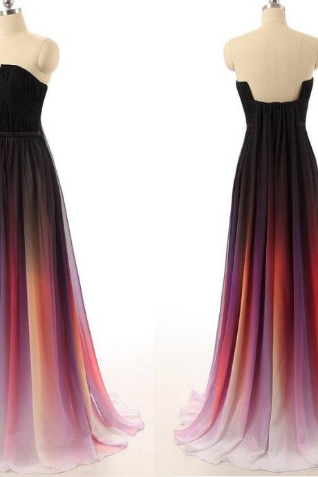 Ombre Strapless Straight-across Floor Length Chiffon Formal Dress, Prom Dress