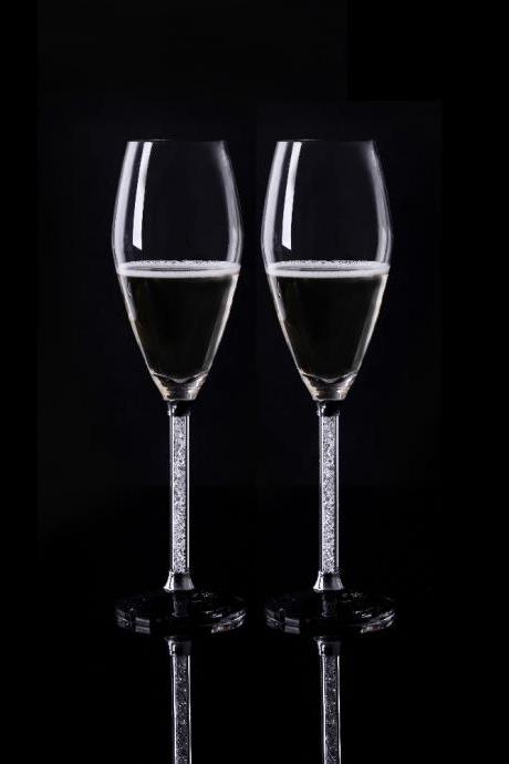 Wedding Party Glass Crystal Champagne Flutes A Pair With Crystal Base And Moving Crystal Stem 24.2cm Height Wine Cap