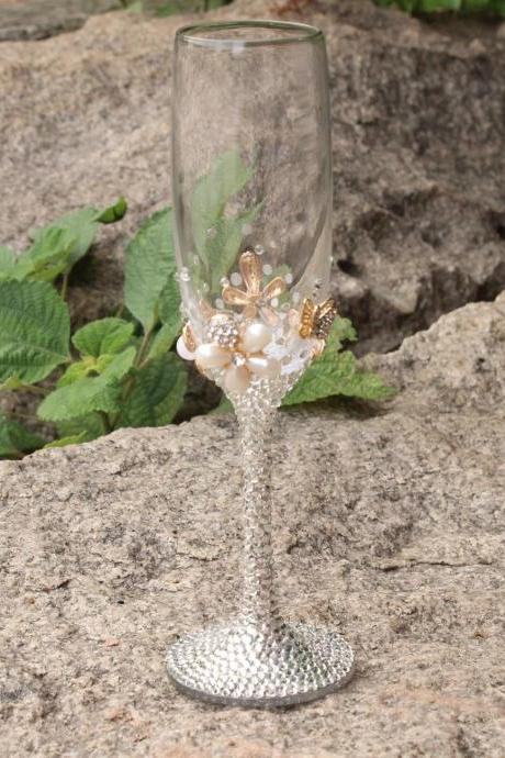 Flower Crystal Champagne Flutes A Pair With Crystal Base And Moving Crystal Stem Red Wine Toasting Glass