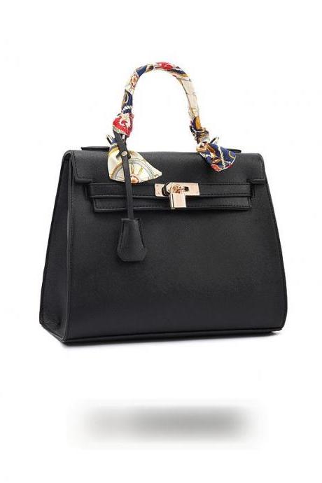 Leather Handbag With Padlock Fastening Detail And Scarf Wrapped Handle