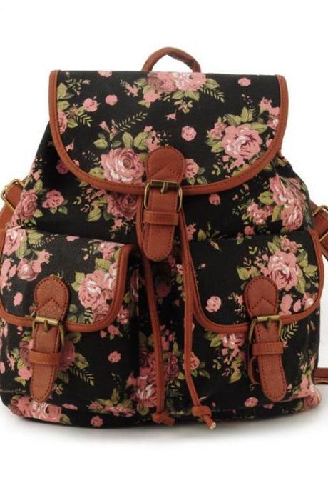 Cute school fashion black floral girl backpack
