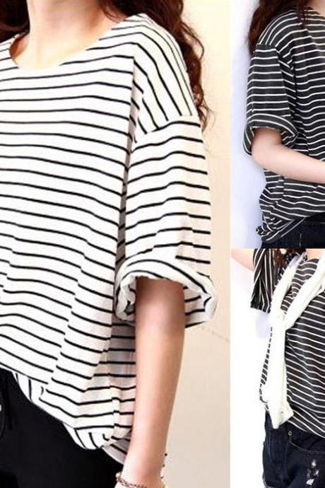 Fashion Women Summer Striped T-shirt Batwing Short Sleeve Loose Tops Blouse