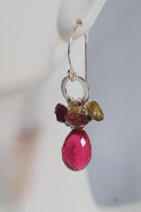  Gemstone earrings-Gorgeous Multi tourmaline - Hot Pink Quartz - Sterling Silver Earrings