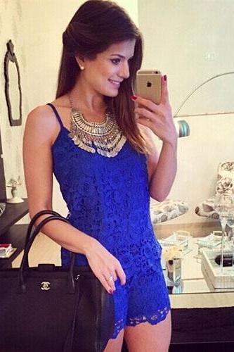 2015 women Fashion Solid Color Lace Sling Jumpsuit Shorts for hot summer 