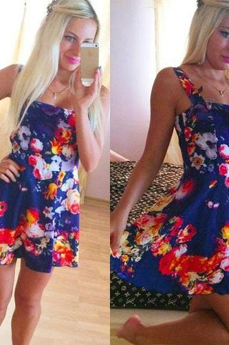 2015 new style Sweet Floral Print High Waist Sling Dress for women's summer