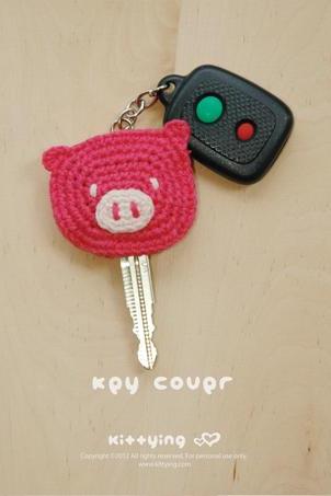 Crochet Pattern, Piggy Key Cover, Pig Applique, Pig Head, Pink Yarn Crochet, Key Accessories Pattern - Symbol Diagram (pdf) By Kittying