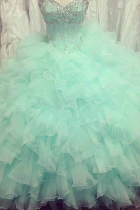 Puffy Mint Green Ball Gown Prom Dresses Organza Beaded Ruffled Quinceanera Dresses, Quinceanera Dress, Prom Gowns, Formal Gowns, Sweet 16