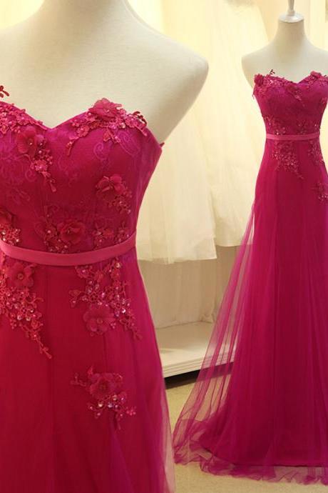 Custom Made Rose Red Tulle Long Prom Dress with Lace Applique, Delicate Formal Dresses, Evening Gowns