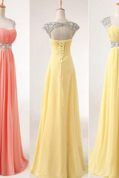 Custom Made Cap Sleeve Sweetheart Sequins Yellow/Pink Chiffon Prom Dresses 2015, Formal Dresses, Evening Dresses, Party Dresses, Prom Dresses 2015, Bridesmaid Dresses