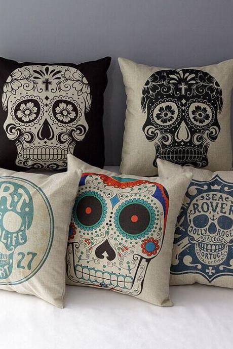 High Quality 5 Pcs A Set Skeleton Head Printed Cotton Linen Home Accesorries Soft Comfortable Pillow Cover Cushion Cover 45cmx45cm