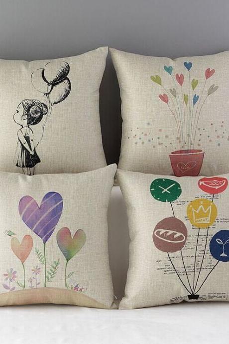 High Quality 4 Pcs A Set Girl Flowers And Balloons Cotton Linen Home Accesorries Soft Comfortable Pillow Cover Cushion Cover 45cmx45cm