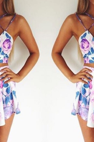 Pink And Purple Two-piece Strappy Casual Dress Set Featuring Floral Prints