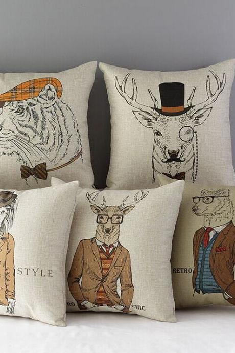 High Quality 5 pcs a set Anthropomorphic animals Printed Cotton Linen Home Accesorries soft Comfortable Pillow Cover Cushion Cover 45cmx45cm