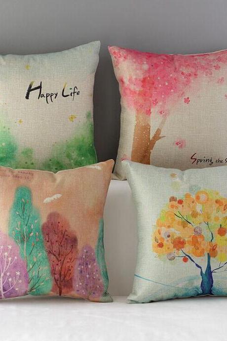 High Quality 4 Pcs A Set Colored Trees Cotton Linen Home Accesorries Soft Comfortable Pillow Cover Cushion Cover 45cmx45cm