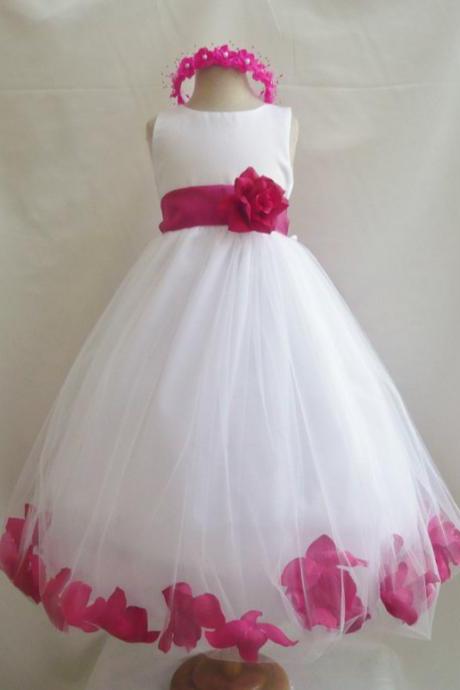 Flower Girl Dresses - White With Fuchsia Rose Petal Dress (fd0pt) - Wedding Easter Bridesmaid - For Baby Children Toddler Teen Girls