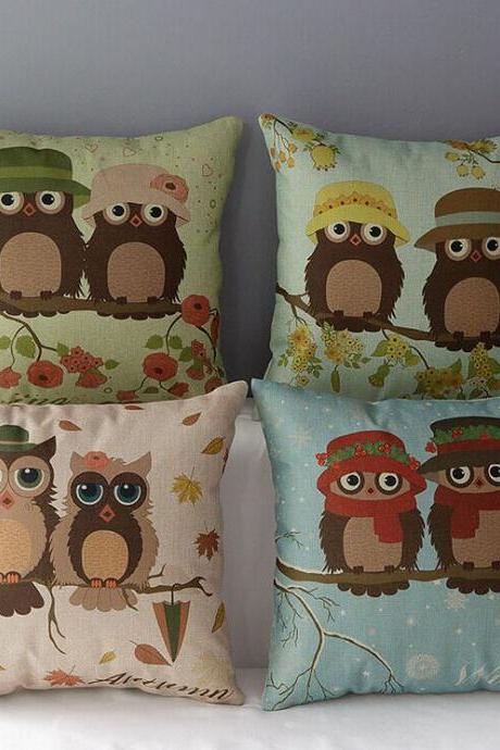 High Quality 4 pcs a set Owl Seasons Cotton Linen Home Accesorries soft Comfortable Pillow Cover Cushion Cover 45cmx45cm
