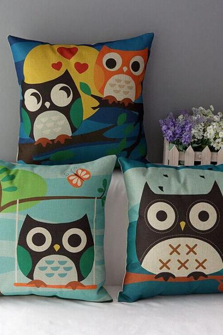 High Quality 3 Pcs A Set Owl Cotton Linen Home Accesorries Soft Comfortable Pillow Cover Cushion Cover 45cmx45cm