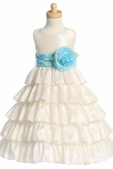 Ivory Lace Tulle Flower Girl Dress With Navy Sash And Bow