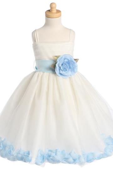 Blossom Ivory Sleeveless Tulle Dress W_ Detachable Sash, Flower Ivory Lace Tulle Flower Girl Dress With Navy Sash And Bow