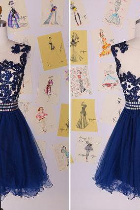 Navy Blue Beading Lace Short Prom Dress/lace Knee Length Homecoming Dress/gorgeous Party Dress/organza Prom Dress Daf0020