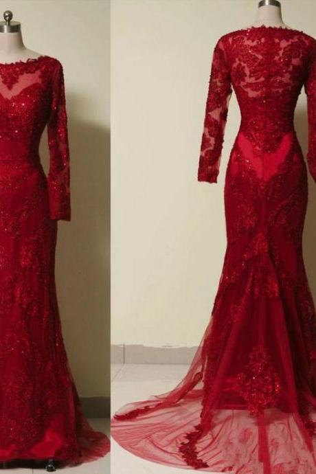 Red Lace Long-sleeved Mermaid Long Prom Dress, Evening Dress