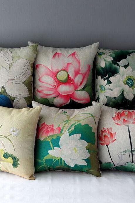 High Quality 6 Pcs A Set Lotus Printed Cotton Linen Home Accesorries Soft Comfortable Pillow Cover Cushion Cover 45cmx45cm